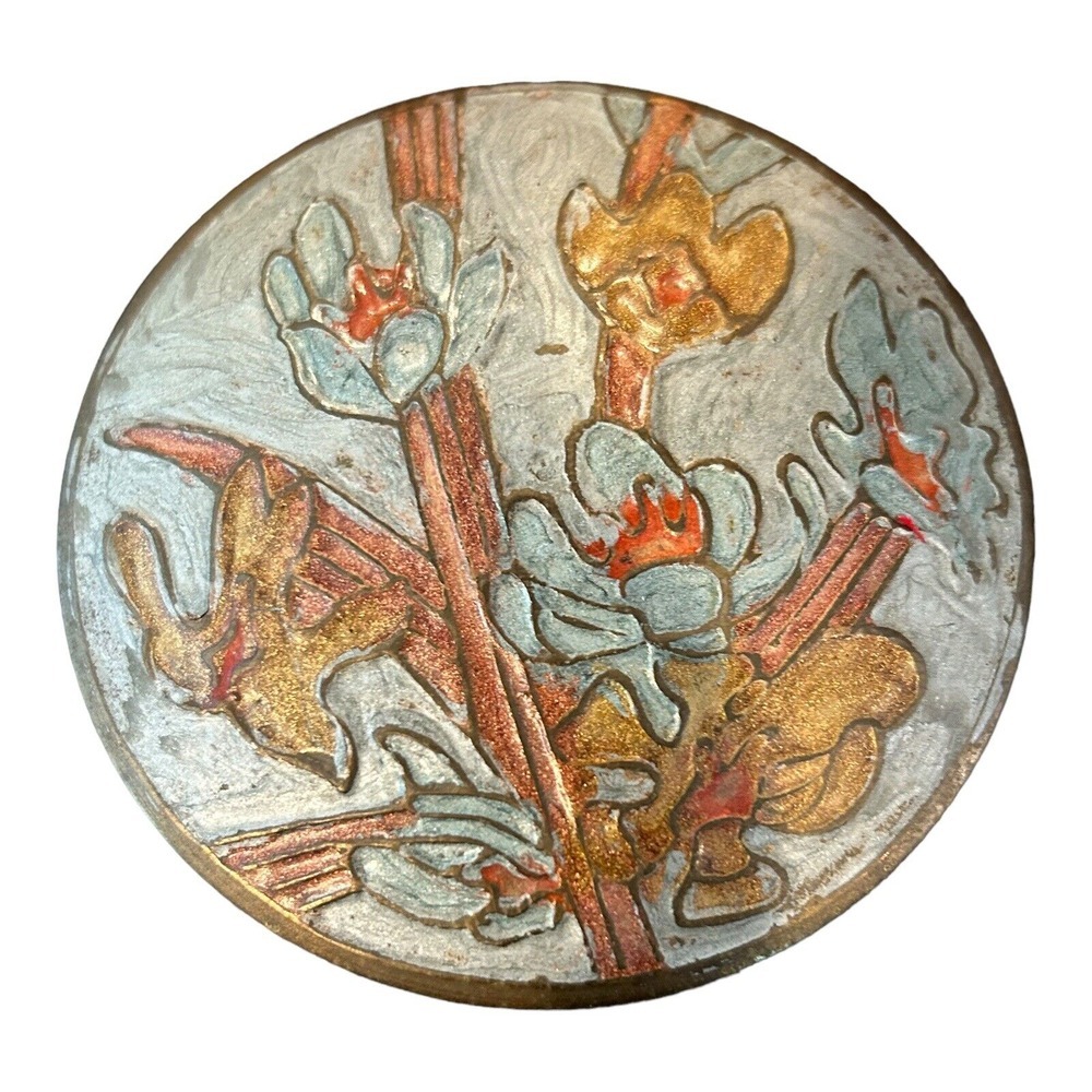 Vintage Brass Trinket Dish With Enameled Floral Lid‎ Made In India